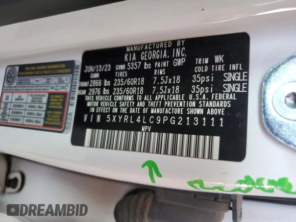 2023 Kia Sorento S with VIN 5XYRL4LC9PG213111, listed as a Copart auction lot 59226685 with 43,738 mi miles and Salvage title. Bid and sale history available at DreamBid. Image 13.