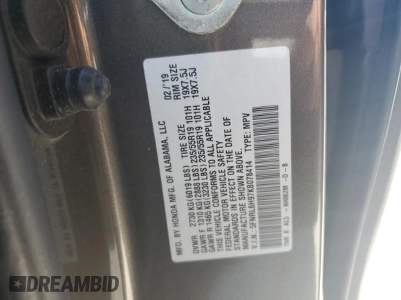 2019 Honda Odyssey Elite z VIN 5FNRL6H97KB078414, wystawiony jako Copart lot #57327895 z przebiegiem 119 259 mil mil oraz Szkoda całkowita • Salvage title. Historia ofert i sprzedaży dostępna na DreamBid. Obrazek 13.