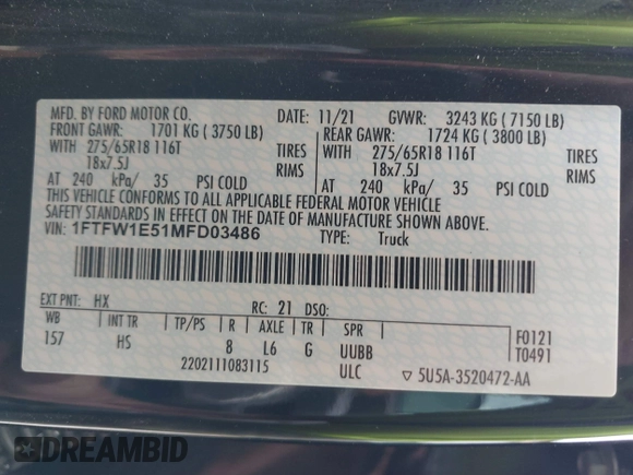2021 Ford F-150 XL with VIN 1FTFW1E51MFD03486, listed as a IAAI auction lot 40733759 with 66,537 mi miles and . Bid and sale history available at DreamBid. Image 9.