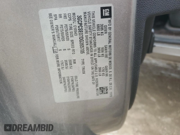2013 Chevrolet Silverado 1500 LT with VIN 3GCPCSE07DG265705, listed as a Copart auction lot 51494245 with 127,731 mi miles and Salvage Title. Bid and sale history available at DreamBid. Image 12.