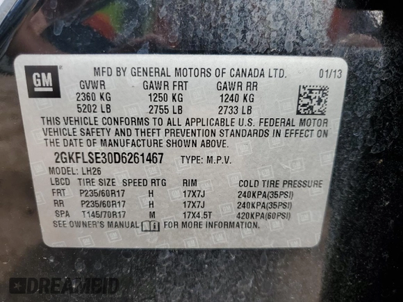 2013 GMC Terrain SLE with VIN 2GKFLSE30D6261467, listed as a Copart auction lot 81628944 with 92,189 mi miles and Clean Title. Bid and sale history available at DreamBid. Image 13.