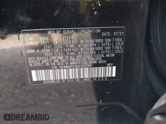 2021 Subaru Ascent Limited with VIN 4S4WMAPD2M3462248, listed as a IAAI auction lot 42108659 with Not provided miles and . Bid and sale history available at DreamBid. Image 9.