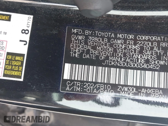 2013 Toyota Prius One with VIN JTDKN3DU3D0340452, listed as a IAAI auction lot 42141584 with 154,187 mi miles. Bid and sale history available at carsss.com. Image 9.