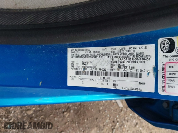 2013 Ford Fiesta SE with VIN 3FADP4EJ0DM158451, listed as a IAAI auction lot 42083743 with 111,919 mi miles. Bid and sale history available at carsss.com. Image 9.