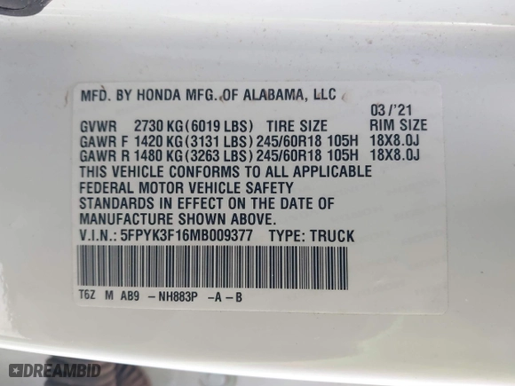 2021 Honda Ridgeline Sport with VIN 5FPYK3F16MB009377, listed as a IAAI auction lot 41130817 with 73,838 mi miles. Bid and sale history available at carsss.com. Image 9.