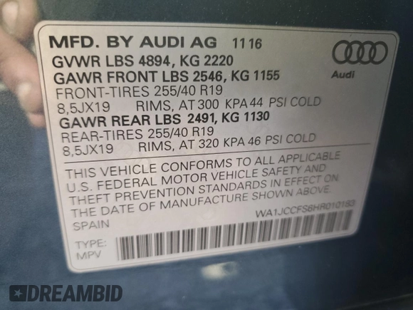 2017 Audi Q3 Premium Plus with VIN WA1JCCFS6HR010183, listed as a Copart auction lot 53792095 with 72,859 mi miles and Salvage title. Bid and sale history available at DreamBid. Image 12.