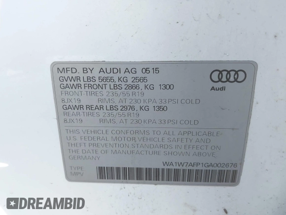 2016 Audi Q5 Prestige z VIN WA1W7AFP1GA002676, wystawiony jako IAAI lot #41769082 z przebiegiem 105 458 mil mil oraz . Historia ofert i sprzedaży dostępna na DreamBid. Obrazek 9.