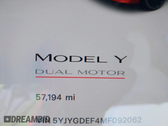 2021 Tesla Model Y Performance with VIN 5YJYGDEF4MF092062, listed as a IAAI auction lot 41583793 with 57,194 mi miles and . Bid and sale history available at DreamBid. Image 15.
