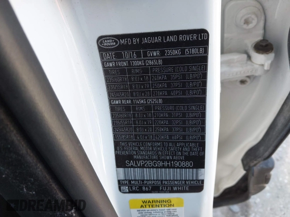 2017 Land Rover Range Rover Evoque SE with VIN SALVP2BG9HH190880, listed as a IAAI auction lot 41720266 with 71,179 mi miles. Bid and sale history available at carsss.com. Image 9.