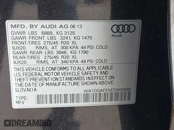 2014 Audi Q7 3.0T S line Prestige with VIN WA1DGAFEXED002838, listed as a IAAI auction lot 41666474 with 102,096 mi miles. Bid and sale history available at carsss.com. Image 9.