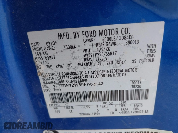 2009 Ford F-150 XL z VIN 1FTRW12W69FA63143, wystawiony jako IAAI lot #42456101 z przebiegiem 121 825 mil mil oraz . Historia ofert i sprzedaży dostępna na DreamBid. Obrazek 9.