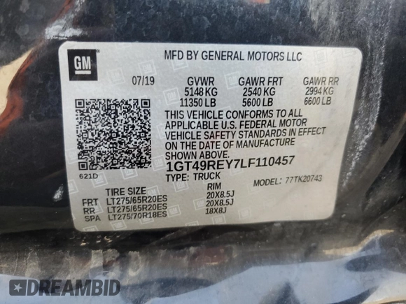 2020 GMC Sierra 2500HD Denali z VIN 1GT49REY7LF110457, wystawiony jako Copart lot #51105705 z przebiegiem 108 299 mil mil oraz Szkoda całkowita • Salvage title. Historia ofert i sprzedaży dostępna na DreamBid. Obrazek 14.