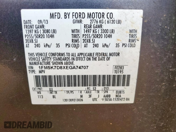 2014 Ford Explorer XLT with VIN 1FM5K7D8XEGA74707, listed as a Copart auction lot 57783975 with 172,564 mi miles and Salvage title. Bid and sale history available at DreamBid. Image 13.
