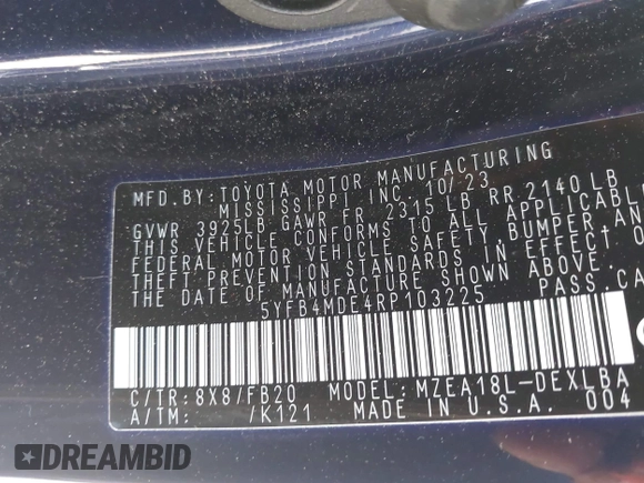 2024 Toyota Corolla LE with VIN 5YFB4MDE4RP103225, listed as a IAAI auction lot 42504775 with 17,025 mi miles and . Bid and sale history available at DreamBid. Image 9.