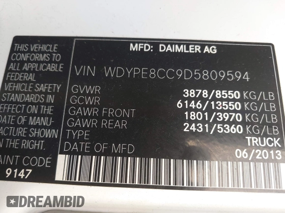 2013 Freightliner Sprinter с VIN WDYPE8CC9D5809594, выставлен на аукционе IAAI как лот 42479186 с пробегом 384 939 миль миль и . История ставок и продаж доступна на DreamBid. Изображение 9.