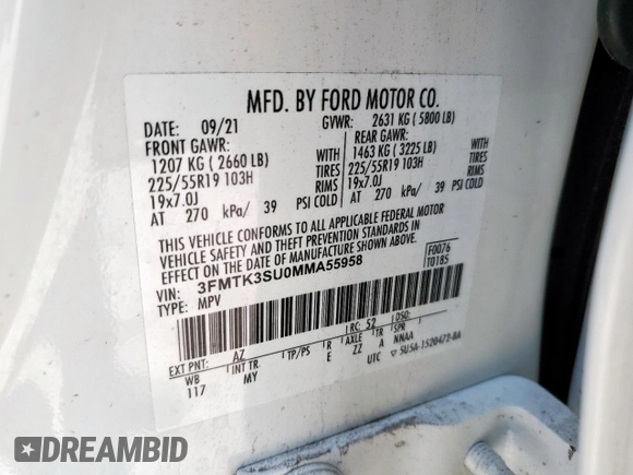 2021 Ford Mustang Mach-E Premium with VIN 3FMTK3SU0MMA55958, listed as a Copart auction lot 58714065 with 30,634 mi miles and Salvage title. Bid and sale history available at DreamBid. Image 12.