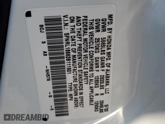 2003 Honda Odyssey EX z VIN 5FNRL18663B111901, wystawiony jako Copart lot #51240245 z przebiegiem 115 202 mil mil oraz Szkoda całkowita • Salvage title. Historia ofert i sprzedaży dostępna na DreamBid. Obrazek 16.