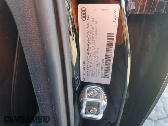 2015 Audi A3 2.0T Premium Plus with VIN WAUEFGFF9F1024208, listed as a Copart auction lot 78816343 with 57,936 mi miles. Bid and sale history available at carsss.com. Image 12.