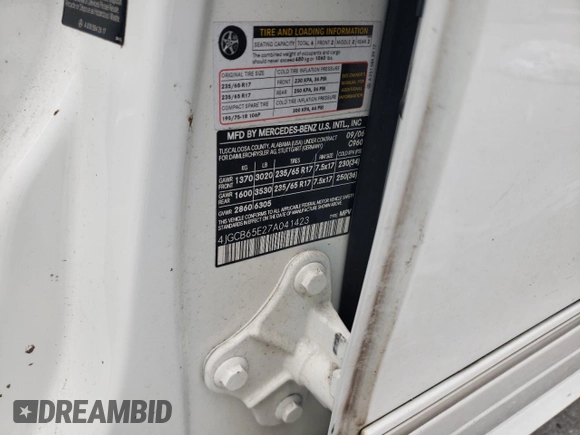 2007 Mercedes-Benz R 3.5L with VIN 4JGCB65E27A041423, listed as a Copart auction lot 54538665 with 94,015 mi miles and Salvage title. Bid and sale history available at DreamBid. Image 14.
