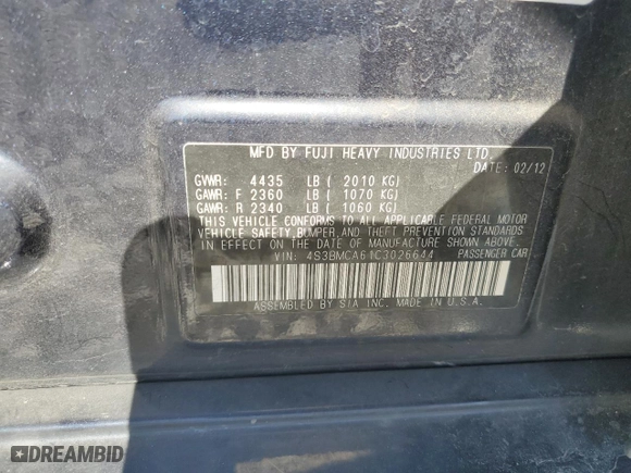 2012 Subaru Legacy 2.5i with VIN 4S3BMCA61C3026644, listed as a Copart auction lot 41846705 with 70,088 mi miles and Salvage Title. Bid and sale history available at carsss.com. Image 14.