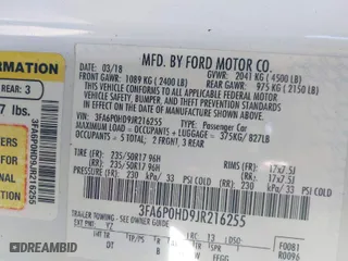 2018 Ford Fusion SE with VIN 3FA6P0HD9JR216255, listed as a IAAI auction lot 41503820 with NaN miles. Bid and sale history available at carsss.com. Image 9.