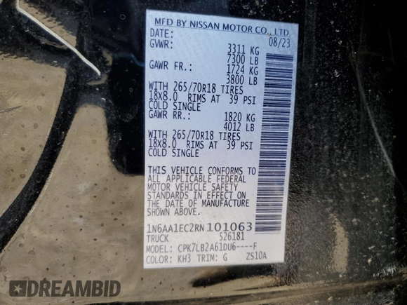 2024 Nissan Titan SV with VIN 1N6AA1EC2RN101063, listed as a Copart auction lot 49879235 with 12,418 mi miles and Salvage title. Bid and sale history available at DreamBid. Image 12.