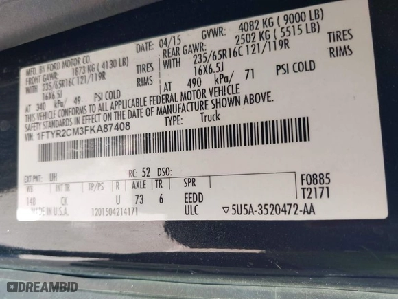 2015 Ford Transit Cargo Van with VIN 1FTYR2CM3FKA87408, listed as a IAAI auction lot 42000321 with 114,511 mi miles. Bid and sale history available at carsss.com. Image 9.