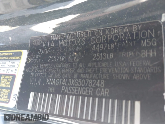 2016 Kia Optima LX with VIN KNAGT4L3XG5078248, listed as a IAAI auction lot 42011616 with 150,000 mi miles. Bid and sale history available at carsss.com. Image 9.