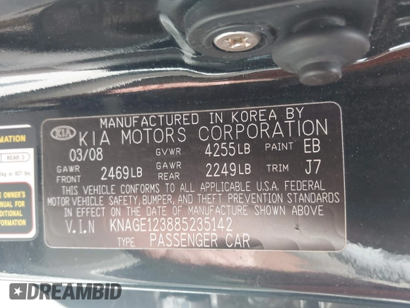 2008 Kia Optima LX z VIN KNAGE123885235142, wystawiony jako IAAI lot #42112119 z przebiegiem 145 410 mil mil oraz . Historia ofert i sprzedaży dostępna na DreamBid. Obrazek 9.