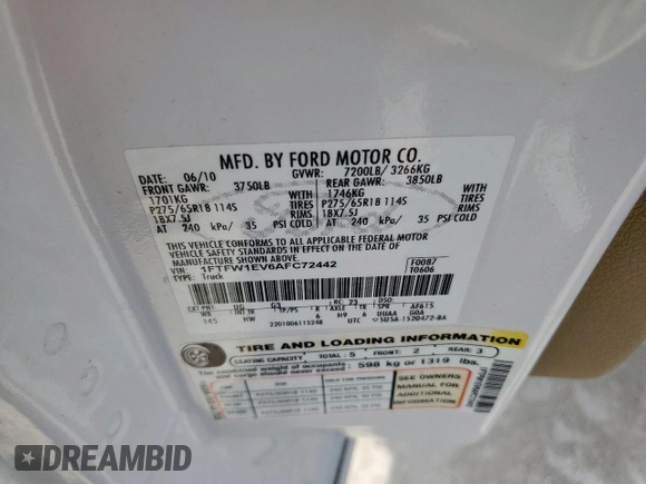 2010 Ford F-150 XL with VIN 1FTFW1EV6AFC72442, listed as a Copart auction lot 51337715 with 137,988 mi miles and Salvage Title. Bid and sale history available at carsss.com. Image 12.
