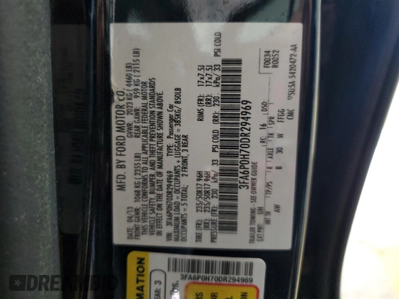 2013 Ford Fusion SE with VIN 3FA6P0H70DR294969, listed as a Copart auction lot 64250715 with 124,470 mi miles and Salvage title. Bid and sale history available at DreamBid. Image 12.