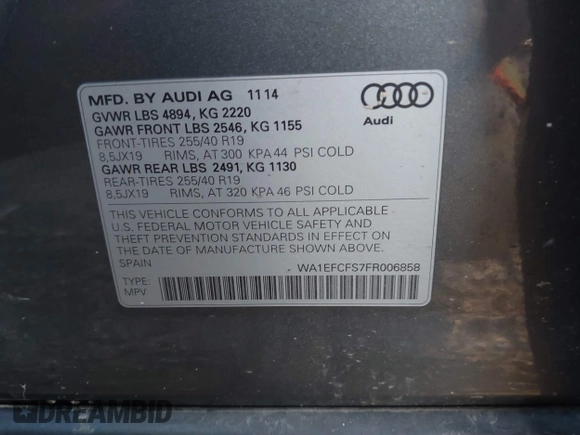 2015 Audi Q3 Premium Plus с VIN WA1EFCFS7FR006858, выставлен на аукционе IAAI как лот 41838322 с пробегом 119 893 миль миль и . История ставок и продаж доступна на DreamBid. Изображение 9.