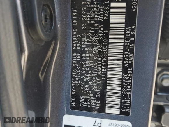 2014 Toyota Camry L with VIN 4T1BF1FK5EU310114, listed as a Copart auction lot 54911055 with 172,127 mi miles and Salvage Title. Bid and sale history available at carsss.com. Image 12.