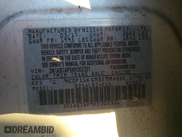 2017 Nissan Sentra SR z VIN 3N1AB7AP9HY302331, wystawiony jako Copart lot #83740864 z przebiegiem 138 720 mil mil oraz Szkoda całkowita • Salvage title. Historia ofert i sprzedaży dostępna na DreamBid. Obrazek 12.