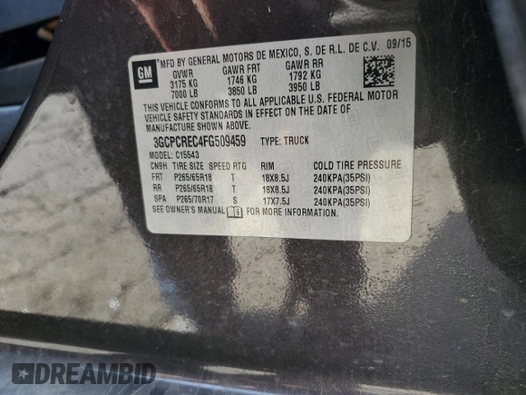 2015 Chevrolet Silverado 1500 LT with VIN 3GCPCREC4FG509459, listed as a Copart auction lot 54014785 with 73,132 mi miles and Salvage Title. Bid and sale history available at DreamBid. Image 12.