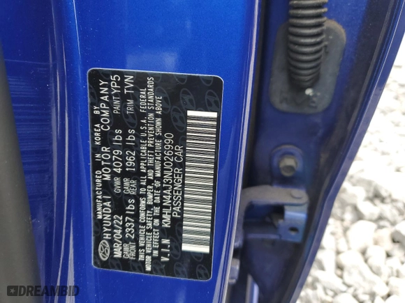 2022 Hyundai Elantra Hybrid Limited with VIN KMHLN4AJ3NU026990, listed as a Copart auction lot 46845455 with 6,626 mi miles and Salvage Title. Bid and sale history available at carsss.com. Image 14.