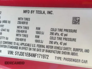 2022 Tesla Model 3 Long Range with VIN 5YJ3E1EB4NF171972, listed as a IAAI auction lot 42026031 with 40,489 mi miles and . Bid and sale history available at DreamBid. Image 9.