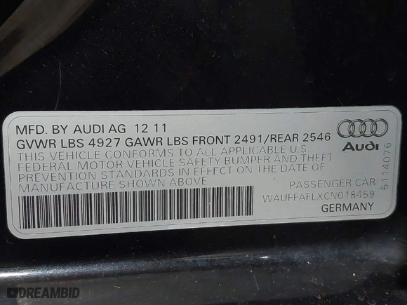 2012 Audi A4 2.0T Premium Plus with VIN WAUFFAFLXCN018459, listed as a IAAI auction lot 41748927 with 150,925 mi miles. Bid and sale history available at carsss.com. Image 9.