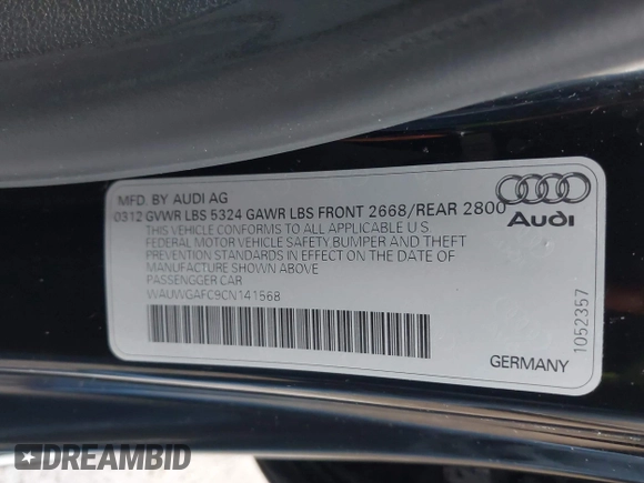 2012 Audi A7 Prestige with VIN WAUWGAFC9CN141568, listed as a IAAI auction lot 41912023 with 156,176 mi miles and . Bid and sale history available at DreamBid. Image 9.