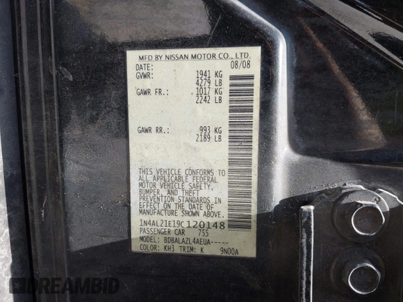 2009 Nissan Altima S with VIN 1N4AL21E19C120148, listed as a IAAI auction lot 42189683 with 199,523 mi miles and . Bid and sale history available at DreamBid. Image 9.