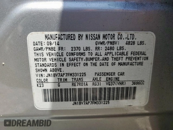 2015 Infiniti Q50 with VIN JN1BV7AP7FM331225, listed as a Copart auction lot 58298965 with 148,267 mi miles and Salvage title. Bid and sale history available at DreamBid. Image 12.