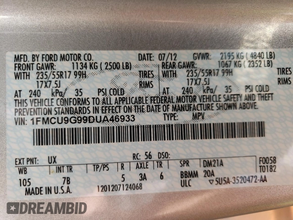 2013 Ford Escape SE with VIN 1FMCU9G99DUA46933, listed as a Copart auction lot 52205435 with 122,511 mi miles and Clean Title. Bid and sale history available at carsss.com. Image 13.