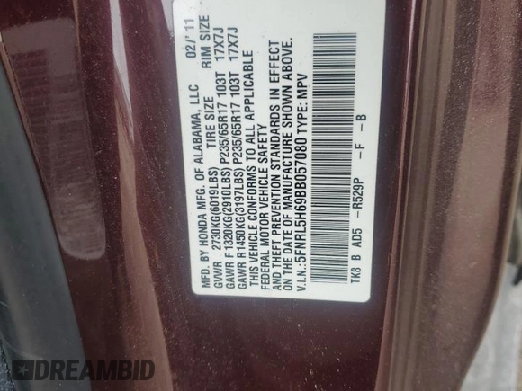 2011 Honda Odyssey EX-L with VIN 5FNRL5H69BB057080, listed as a Copart auction lot 41984785 with 152,963 mi miles and Salvage Title. Bid and sale history available at DreamBid. Image 13.