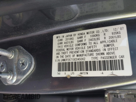 2008 Honda Accord EX with VIN JHMCP26718C045062, listed as a IAAI auction lot 42130808 with 188,233 mi miles and . Bid and sale history available at DreamBid. Image 9.