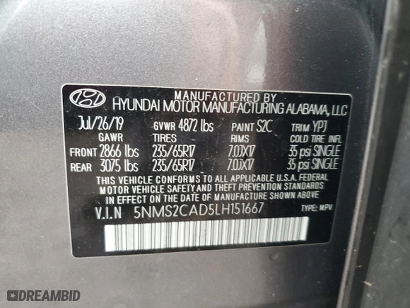 2020 Hyundai Santa Fe SE with VIN 5NMS2CAD5LH151667, listed as a Copart auction lot 52410285 with 51,065 mi miles and Salvage Title. Bid and sale history available at carsss.com. Image 13.