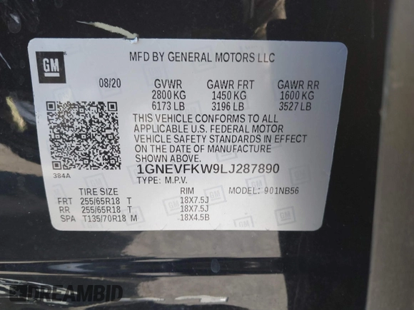 2020 Chevrolet Traverse LS with VIN 1GNEVFKW9LJ287890, listed as a IAAI auction lot 41327417 with 58,822 mi miles and . Bid and sale history available at DreamBid. Image 9.