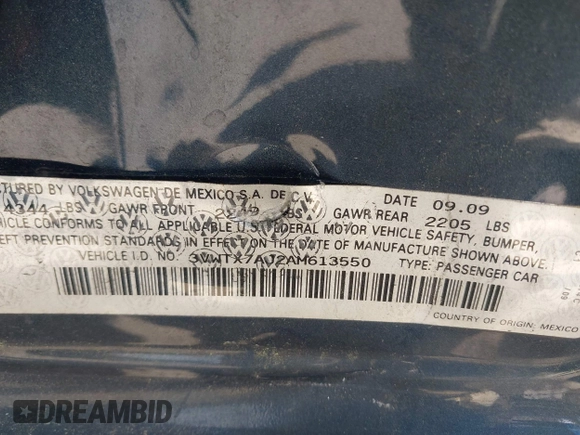 2010 Volkswagen Jetta SE with VIN 3VWTX7AJ2AM613550, listed as a IAAI auction lot 42281149 with 100,666 mi miles and . Bid and sale history available at DreamBid. Image 9.