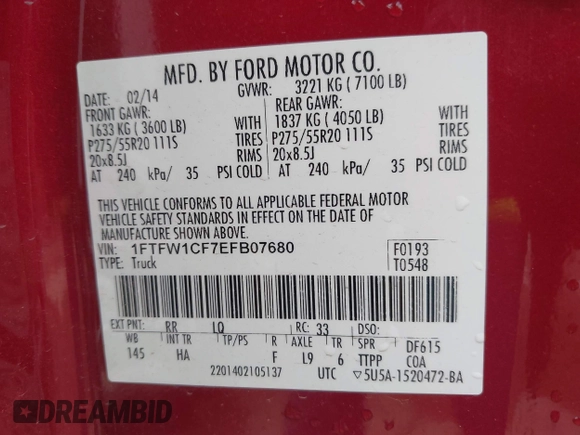 2014 Ford F-150 XL with VIN 1FTFW1CF7EFB07680, listed as a IAAI auction lot 41917403 with 159,077 mi miles and . Bid and sale history available at DreamBid. Image 9.