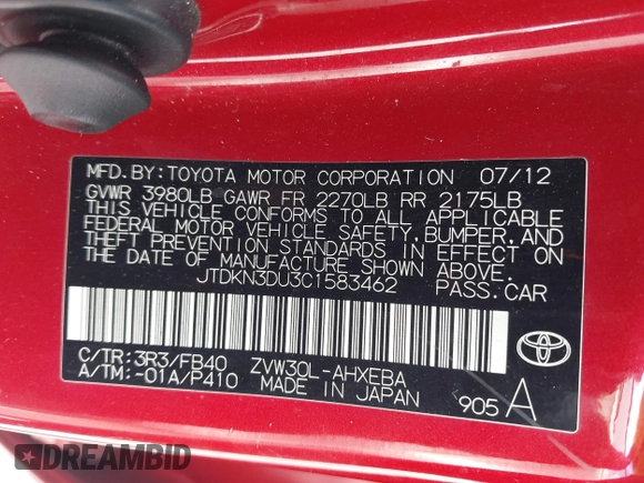 2012 Toyota Prius One with VIN JTDKN3DU3C1583462, listed as a IAAI auction lot 42083253 with 111,906 mi miles. Bid and sale history available at carsss.com. Image 9.