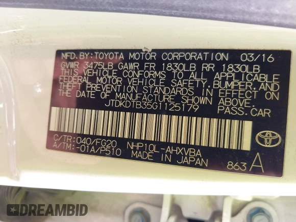 2016 Toyota Prius One with VIN JTDKDTB35G1125179, listed as a IAAI auction lot 42009816 with 71,451 mi miles and . Bid and sale history available at DreamBid. Image 9.